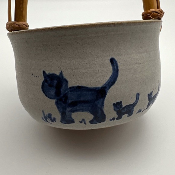 Cat Pottery Basket Trinket Dish Grey Blue Straw Handle Decor Decorative Vintage - Picture 4 of 7